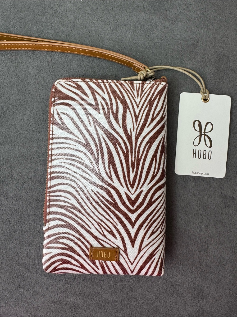 HOBO Spark Wristlet Ginger Zebra Print NWT Canvas Leather Trim Zip Pouch